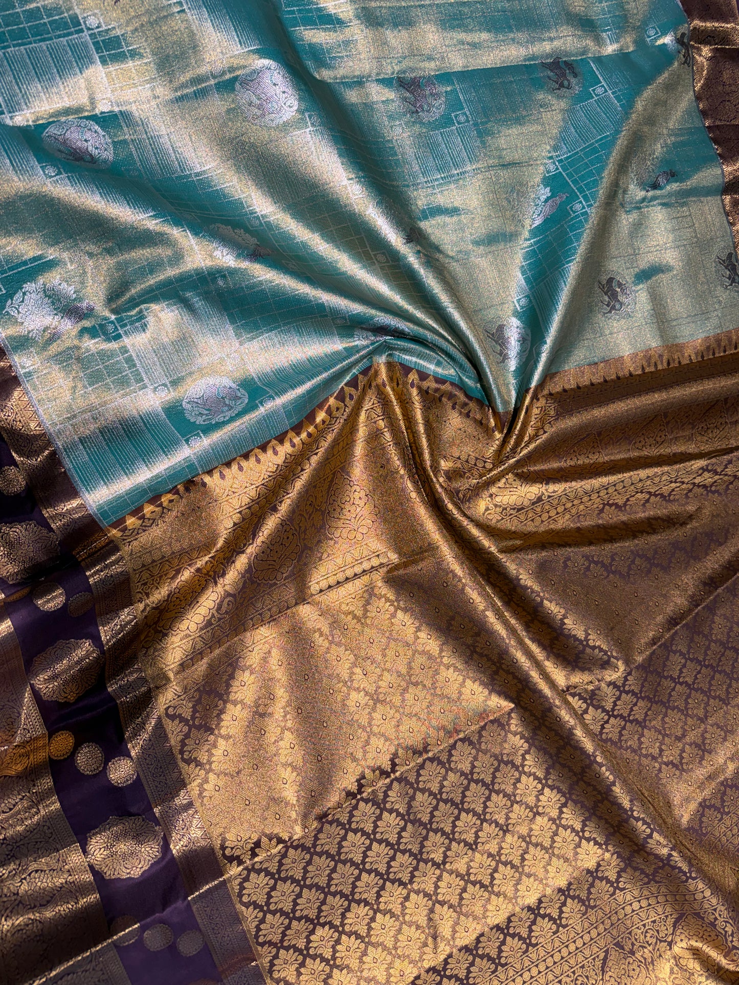 Regal Sea Green & Deep Eggplant Semi Kanchipuram Silk Saree – Block Check Grid & Gap Border Motifs