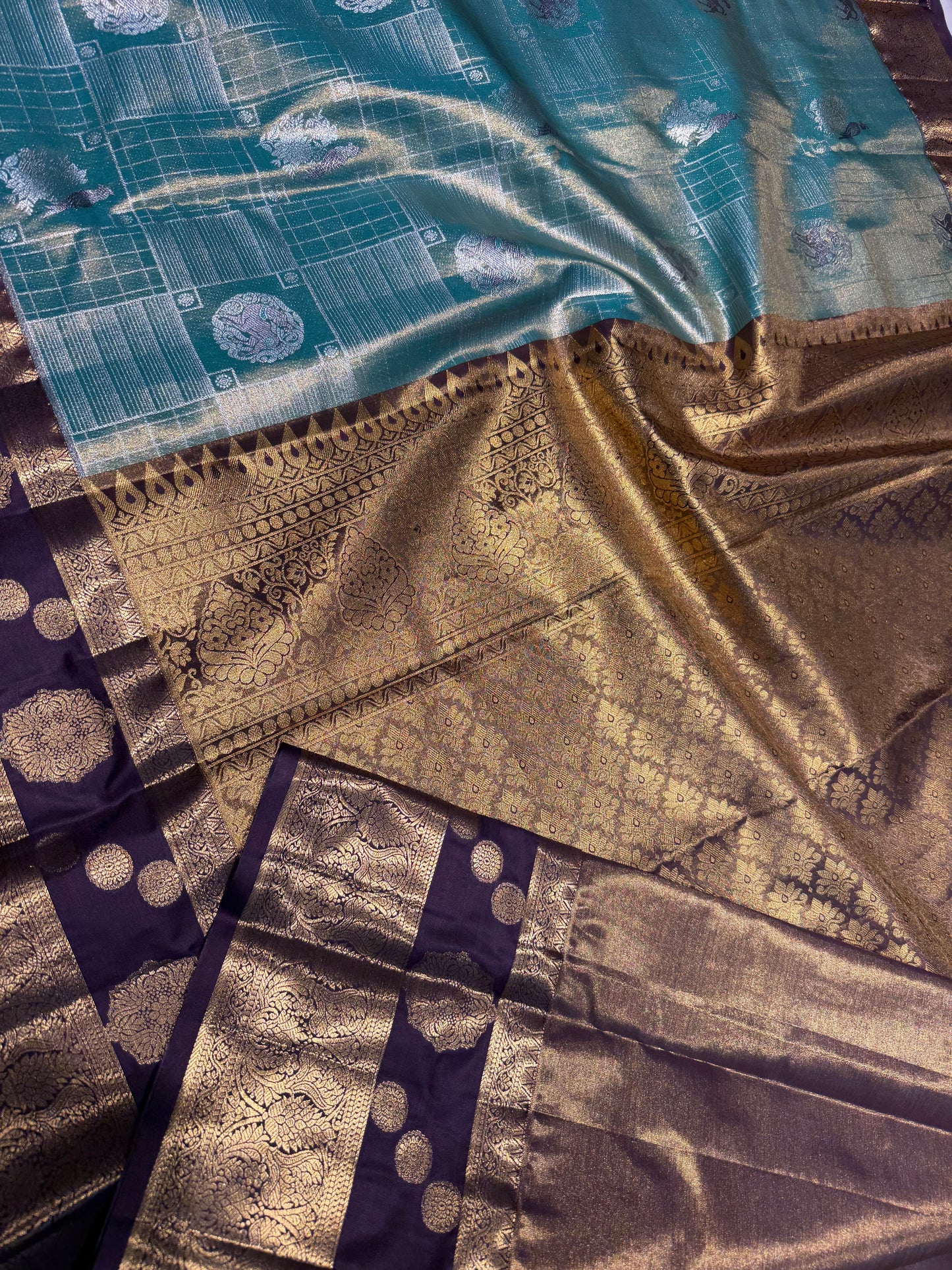 Regal Sea Green & Deep Eggplant Semi Kanchipuram Silk Saree – Block Check Grid & Gap Border Motifs