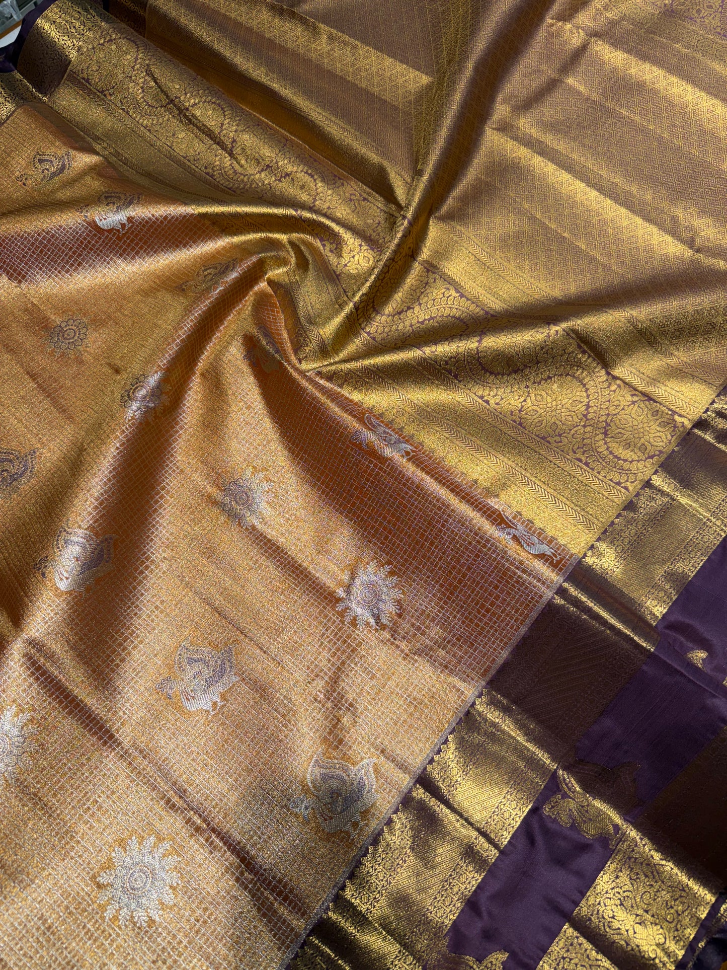 Vintage Honey Gold & Wine Semi Kanchipuram Silk Saree – Zari Check Grid & Gap Border Motifs