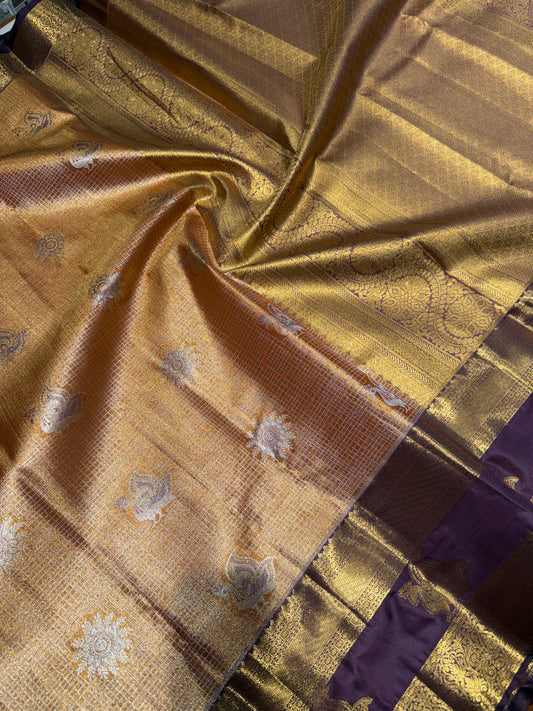 Vintage Honey Gold & Wine Semi Kanchipuram Silk Saree – Zari Check Grid & Gap Border Motifs