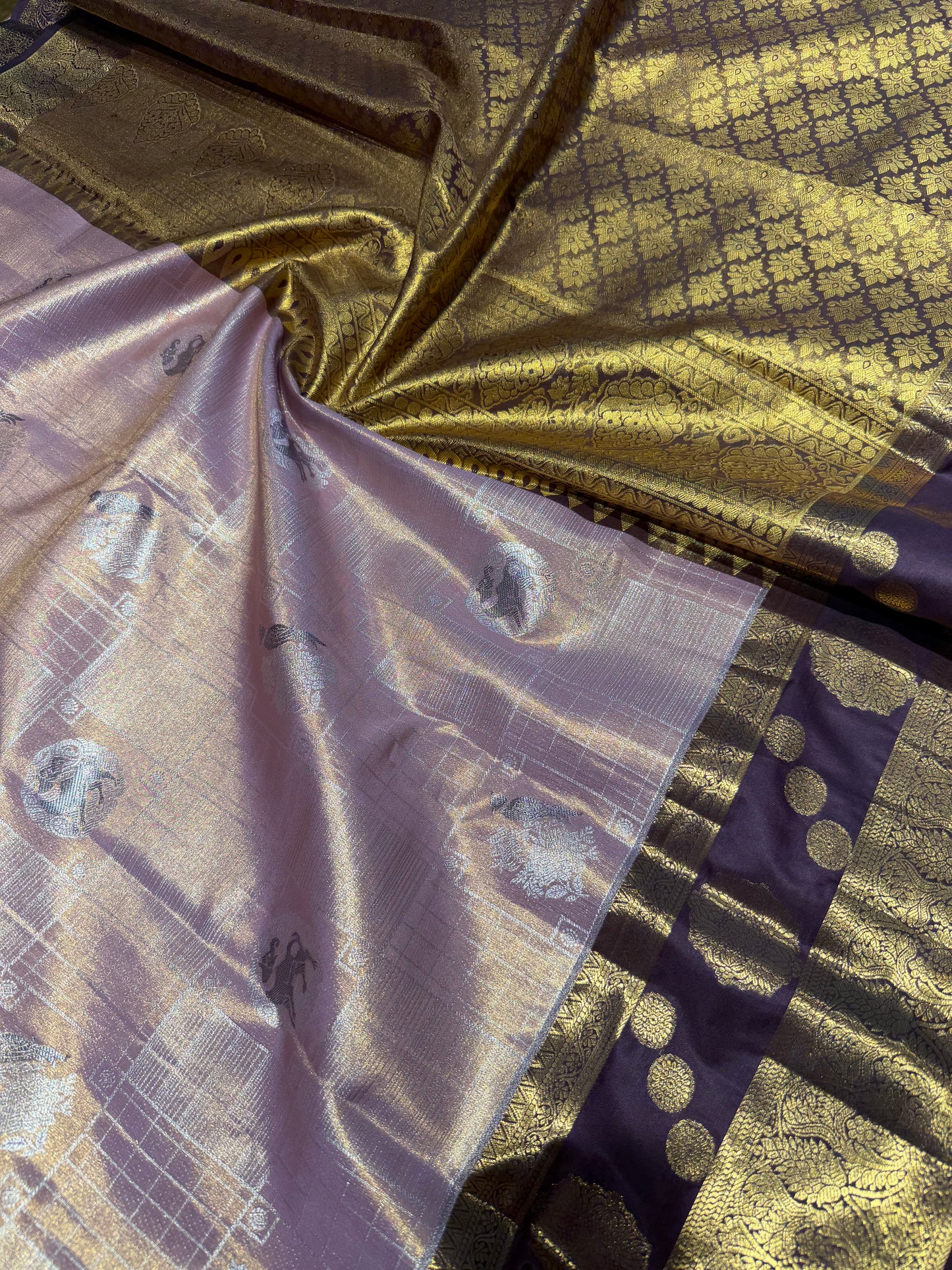Purple Elegant Semi Kanchipuram Silk Saree – Checked Pattern with Gap Border Motifs