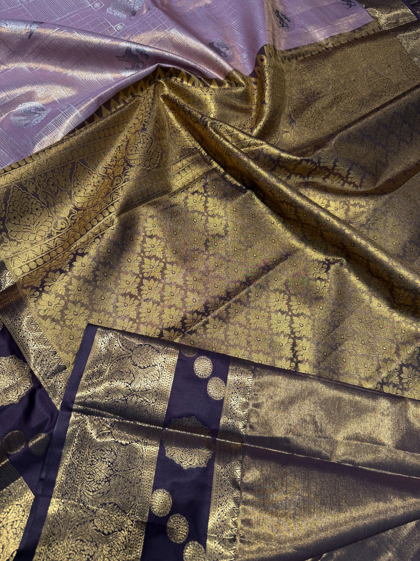 Purple Elegant Semi Kanchipuram Silk Saree – Checked Pattern with Gap Border Motifs