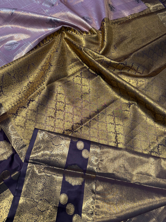 Purple Elegant Semi Kanchipuram Silk Saree – Checked Pattern with Gap Border Motifs