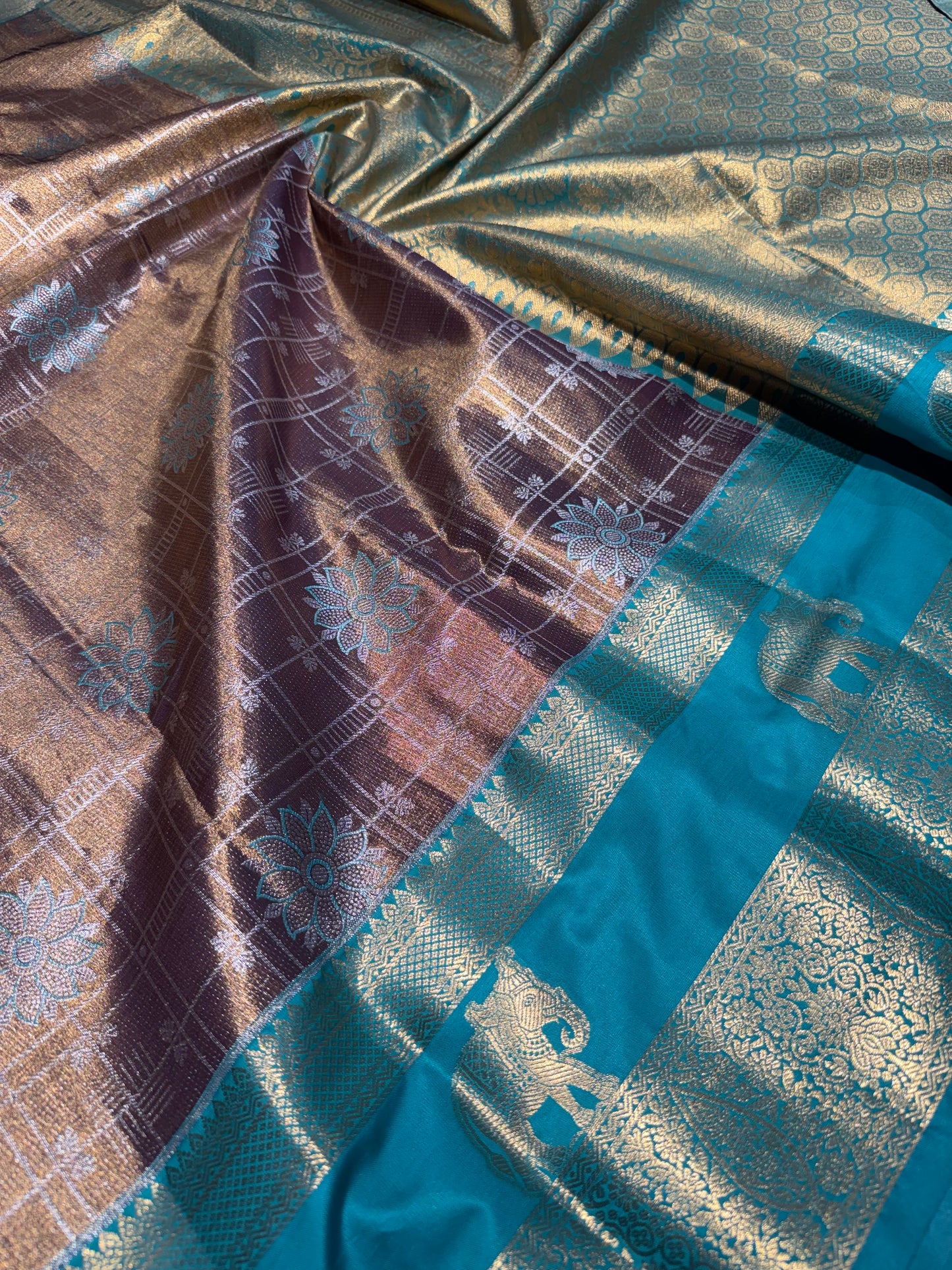 Brown Elegant Semi Kanchipuram Silk Saree – Checked Pattern with Gap Border Motifs