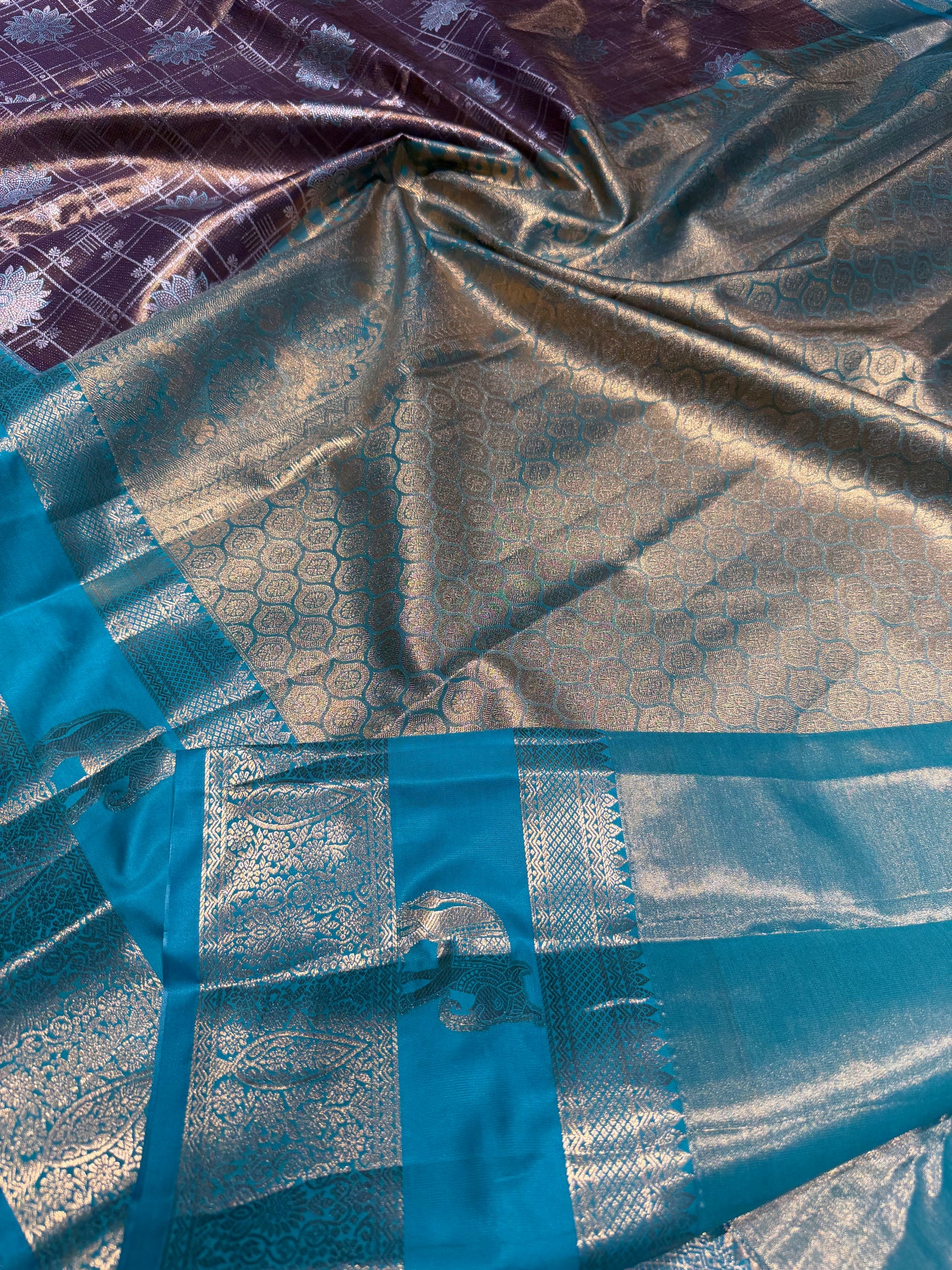 Brown Elegant Semi Kanchipuram Silk Saree – Checked Pattern with Gap Border Motifs