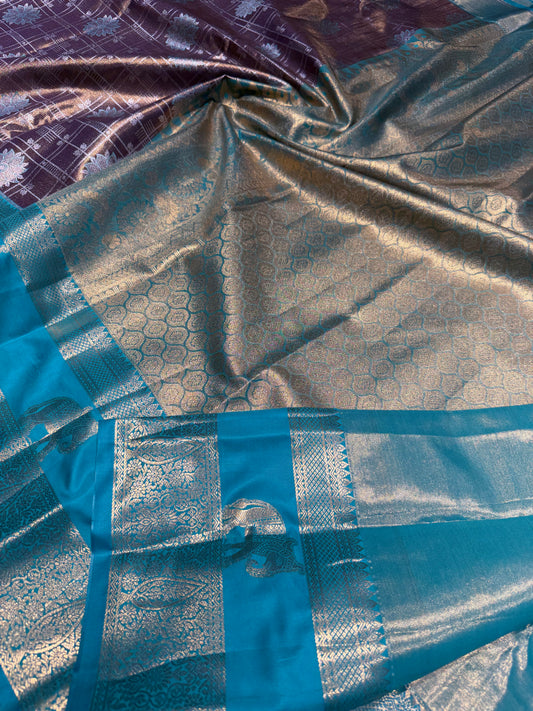 Brown Elegant Semi Kanchipuram Silk Saree – Checked Pattern with Gap Border Motifs