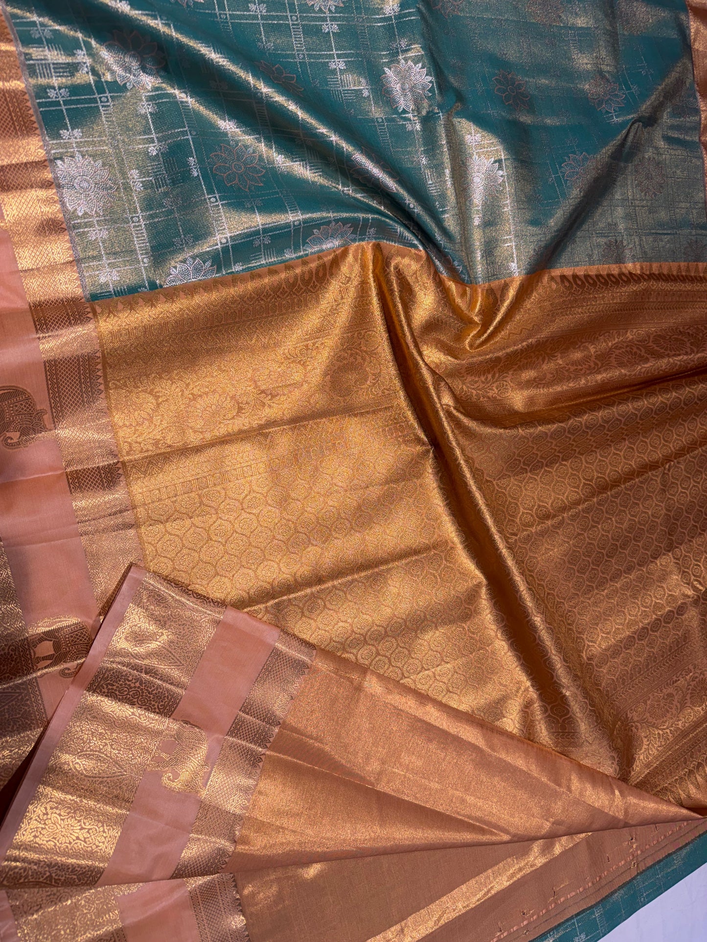 Sea Green Elegant Semi Kanchipuram Silk Saree – Checked Pattern with Gap Border Motifs