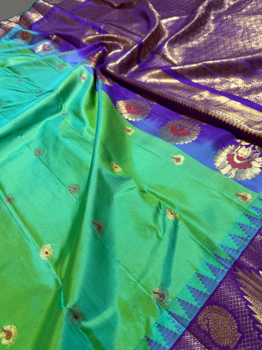 Pure Gadwal Silk Kanchipuram Saree with Green Body & Navy Blue Gopuram Border
