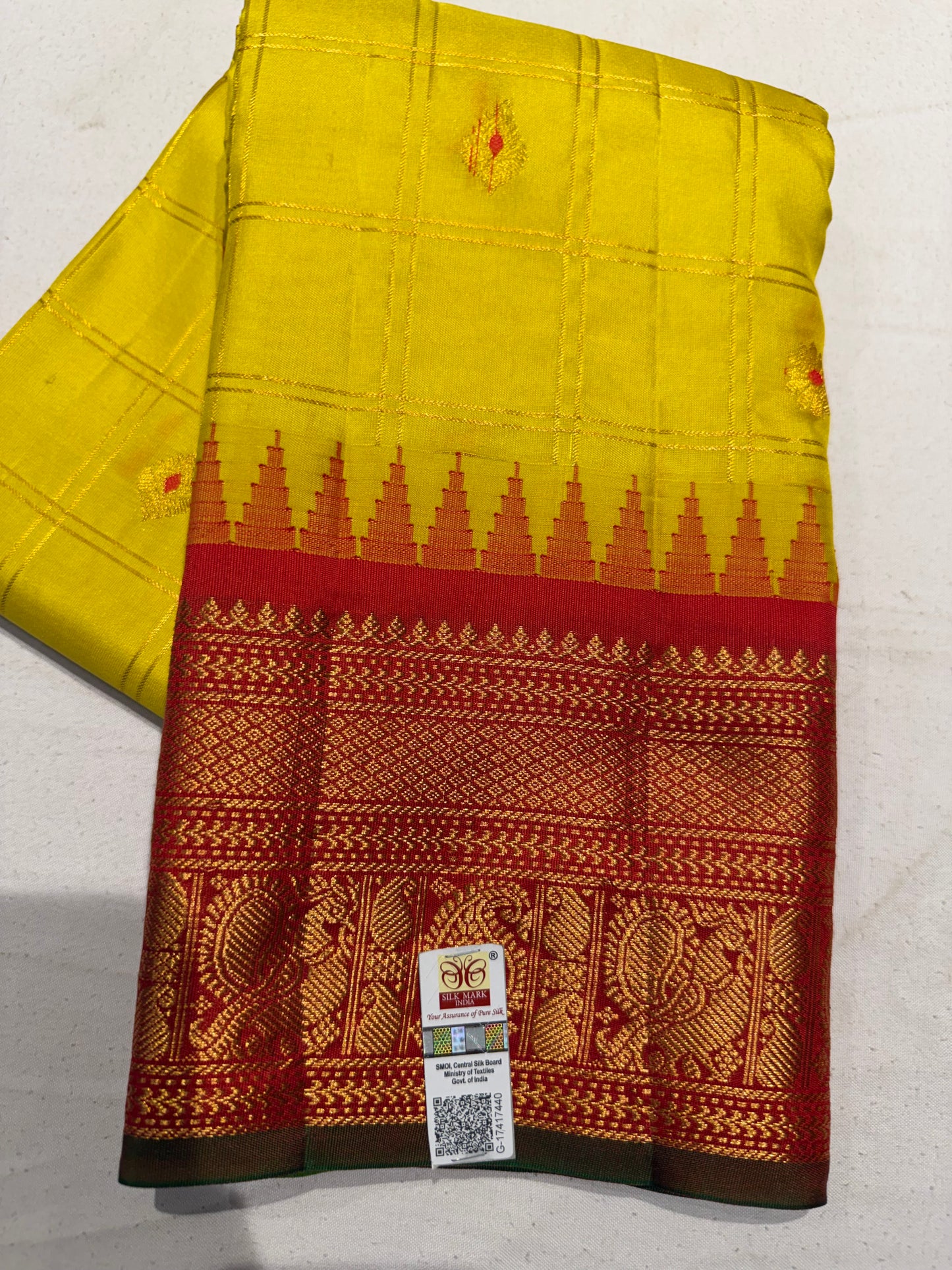 Pure Gadwal Silk Kanchipuram Saree with Mustard Yellow Body & Red Gopuram Kanchi Border