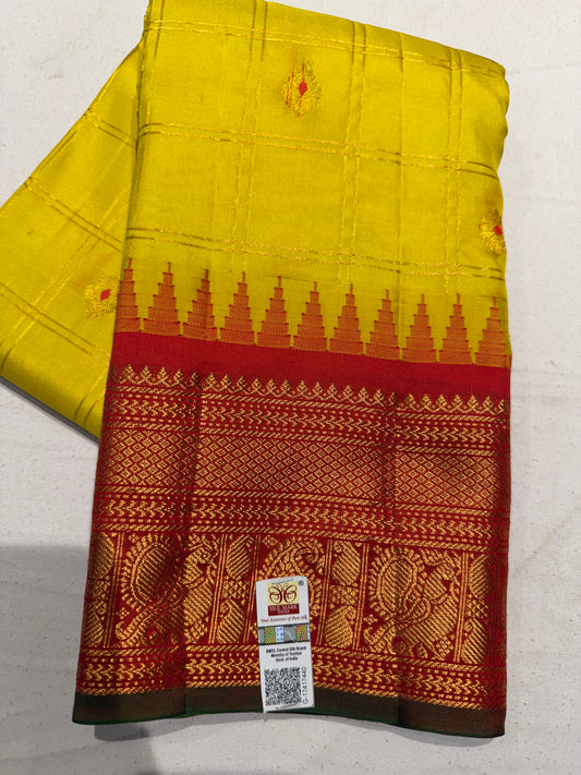 Pure Gadwal Silk Kanchipuram Saree with Mustard Yellow Body & Red Gopuram Kanchi Border