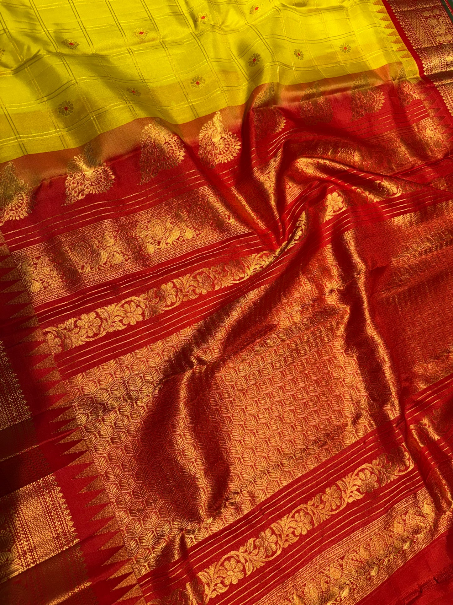 Pure Gadwal Silk Kanchipuram Saree with Mustard Yellow Body & Red Gopuram Kanchi Border