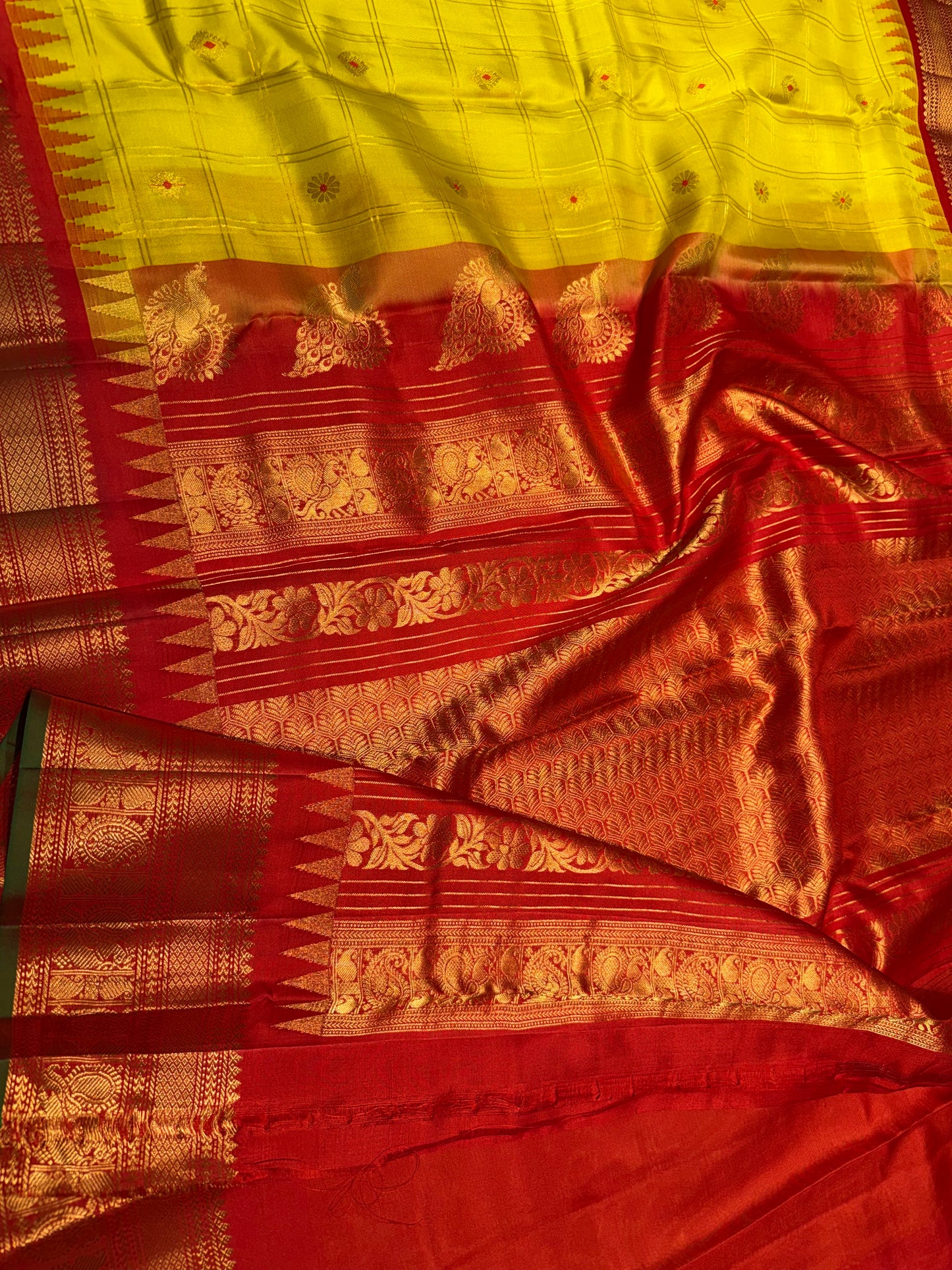 Pure Gadwal Silk Kanchipuram Saree with Mustard Yellow Body & Red Gopuram Kanchi Border