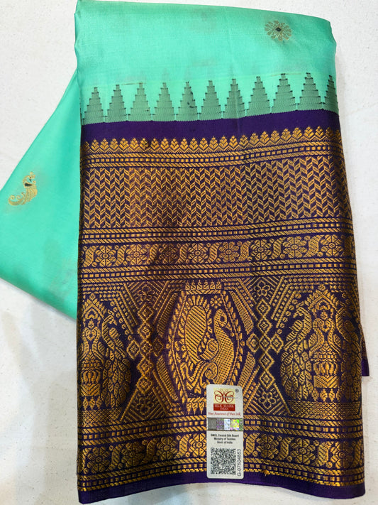 Pure Gadwal Silk Kanchipuram Saree with Sea Green Body & Navy Blue Gopuram Kanchi Border
