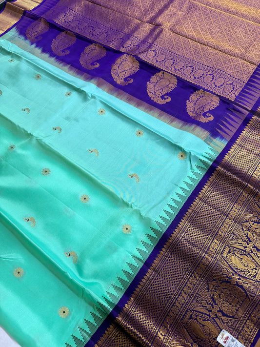 Pure Gadwal Silk Kanchipuram Saree with Sea Green Body & Navy Blue Gopuram Kanchi Border