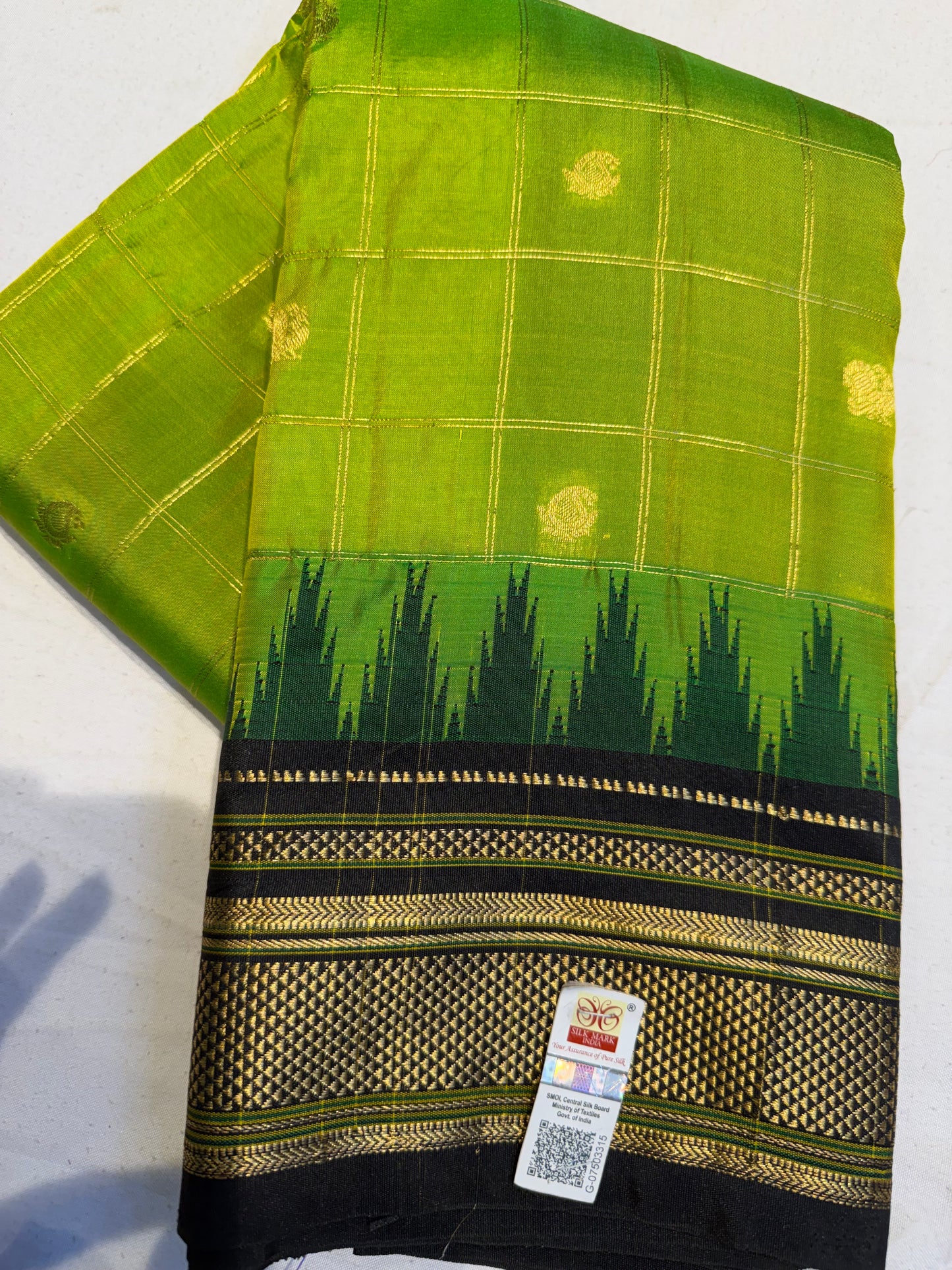 Pure Gadwal Silk Kanchipuram Saree with Parrot Green Body & Black Gopuram Kanchi Border