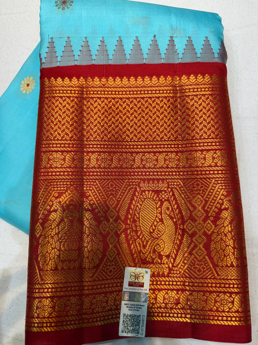 Pure Gadwal Silk Kanchipuram Saree with Sea Blue Body & Red Gopuram Kanchi Border