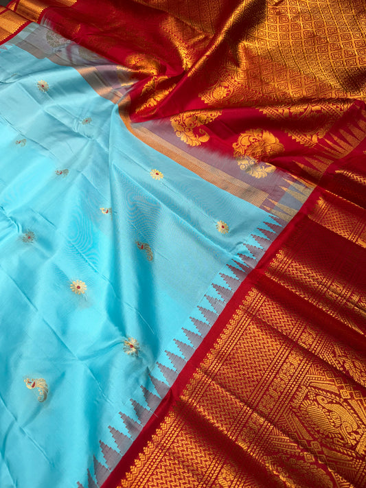 Pure Gadwal Silk Kanchipuram Saree with Sea Blue Body & Red Gopuram Kanchi Border