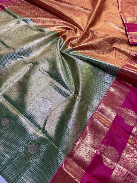 Semi Kanchipattu Tissue Saree – Vintage Checked Body with Elegant Gap Border Motifs
