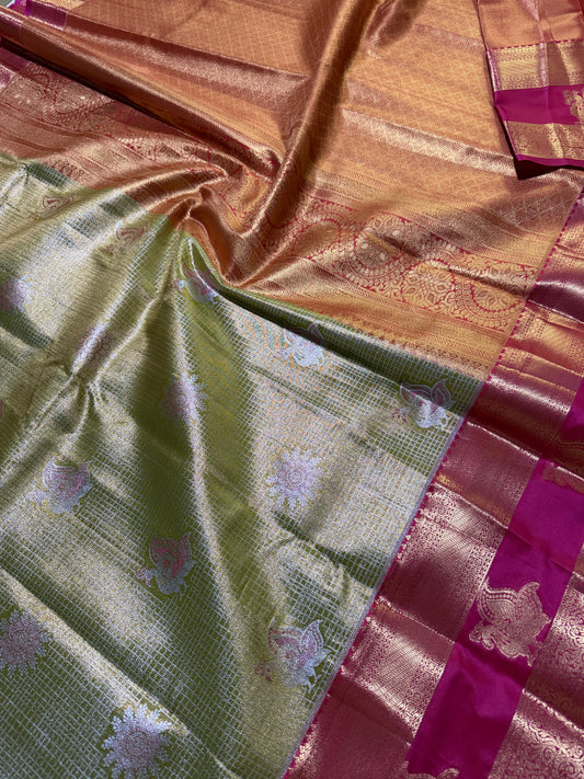 Semi Kanchipattu Tissue Saree – Vintage Checked Body with Elegant Gap Border Motifs