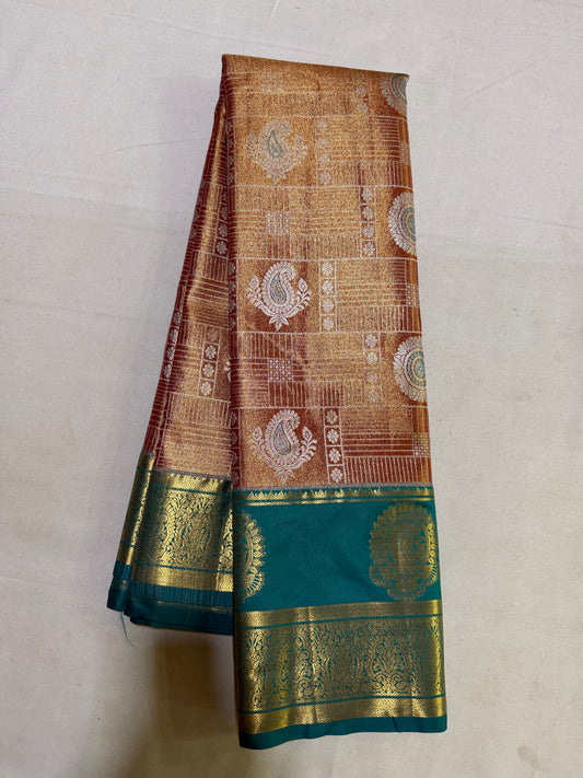 Semi Kanchipattu Tissue Saree – Vintage Checked Body with Elegant Gap Border Motifs
