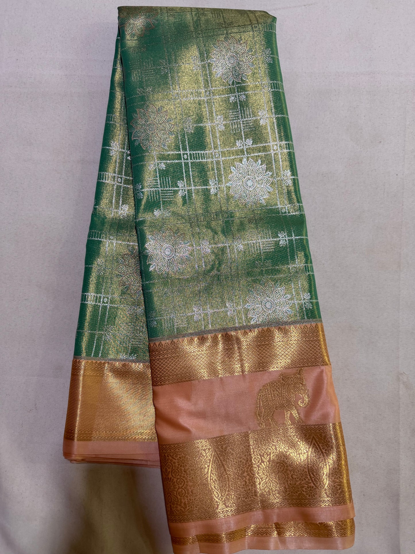 Semi Kanchipattu Tissue Saree – Vintage Checked Body with Elegant Gap Border Motifs