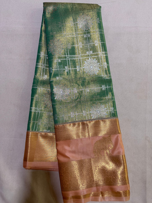 Semi Kanchipattu Tissue Saree – Vintage Checked Body with Elegant Gap Border Motifs