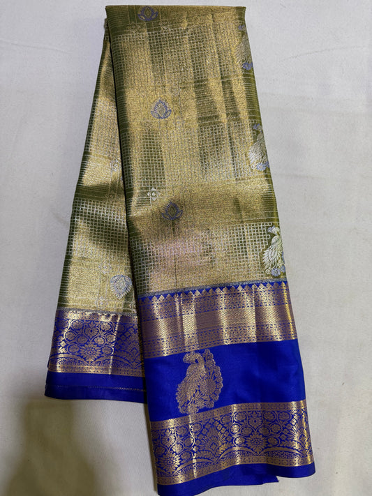 Semi Kanchipattu Tissue Saree – Vintage Checked Body with Elegant Gap Border Motifs