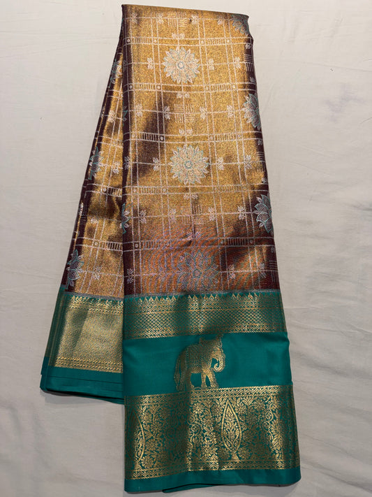 Semi Kanchipattu Tissue Saree – Vintage Checked Body with Elegant Gap Border Motifs