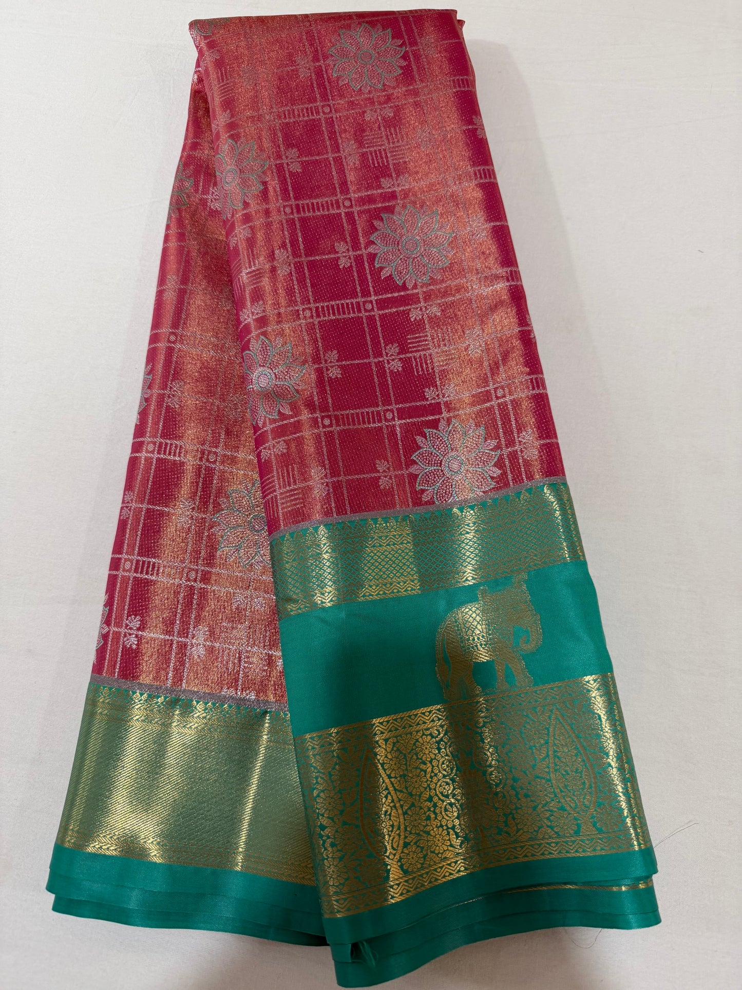 Semi Kanchipattu Tissue Saree – Vintage Checked Body with Elegant Gap Border Motifs