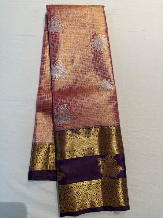 Semi Kanchipattu Tissue Saree – Vintage Checked Body with Elegant Gap Border Motifs