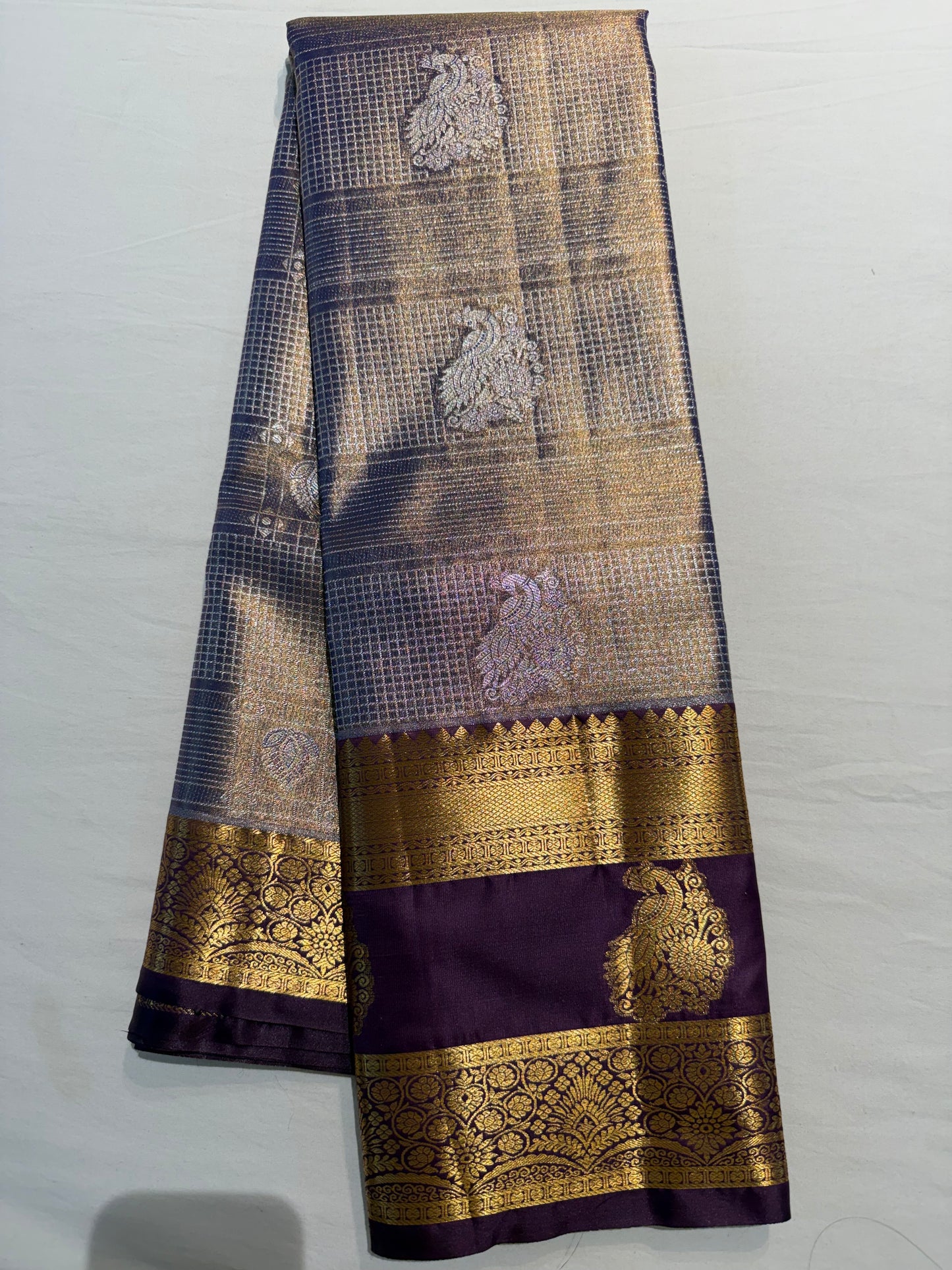 Semi Kanchipattu Tissue Saree – Vintage Checked Body with Elegant Gap Border Motifs
