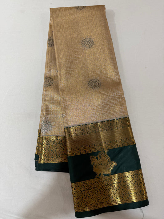 Semi Kanchipattu Tissue Saree – Vintage Checked Body with Elegant Gap Border Motifs
