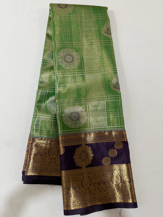 Semi Kanchipattu Tissue Saree – Vintage Checked Body with Elegant Gap Border Motifs