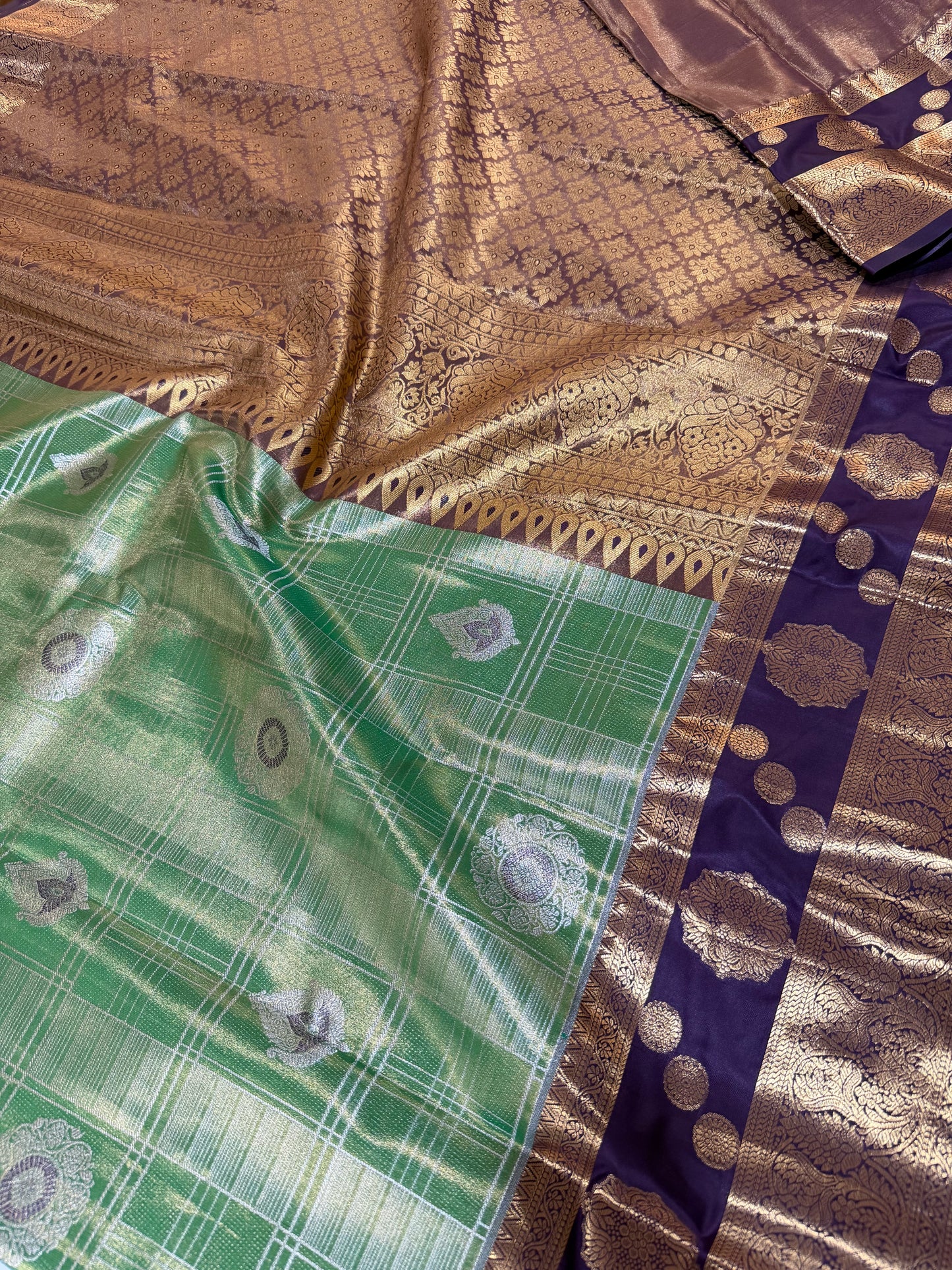 Semi Kanchipattu Tissue Saree – Vintage Checked Body with Elegant Gap Border Motifs