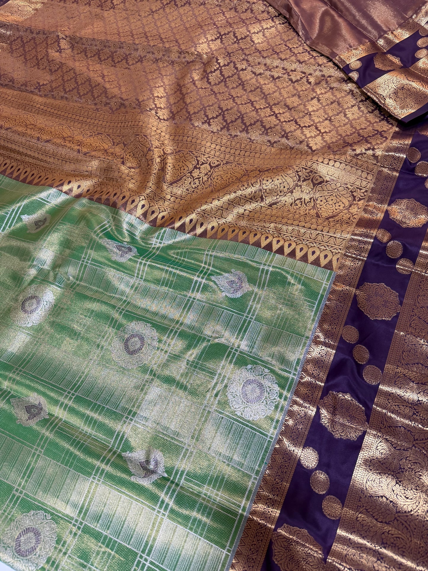 Semi Kanchipattu Tissue Saree – Vintage Checked Body with Elegant Gap Border Motifs