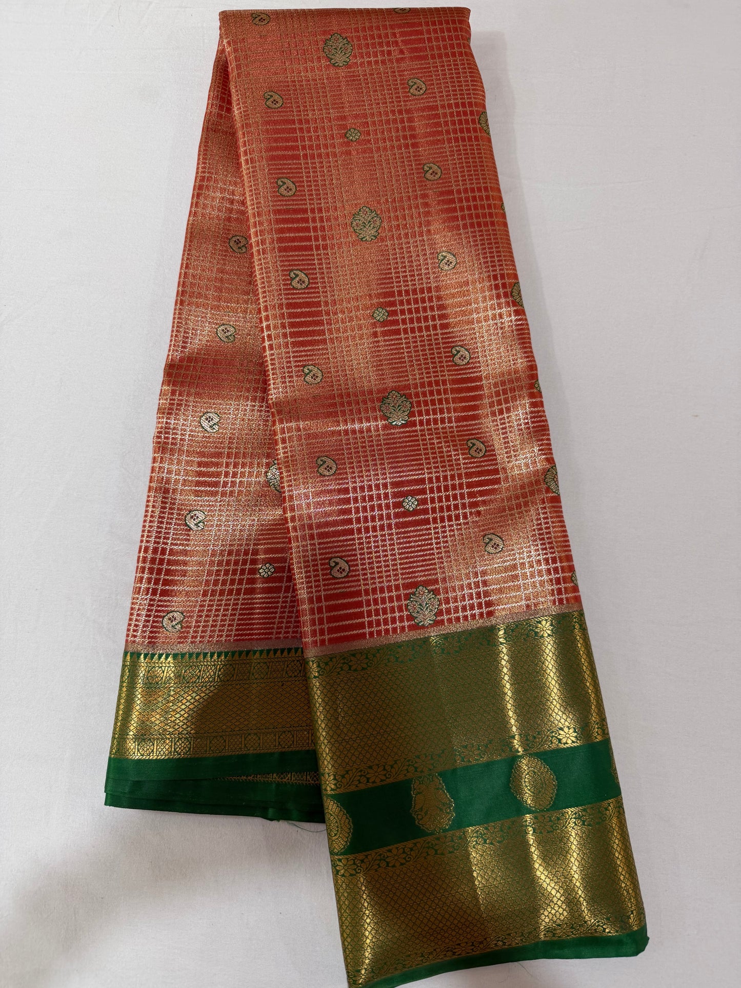 Semi Kanchipattu Tissue Saree – Vintage Checked Body with Elegant Gap Border Motifs