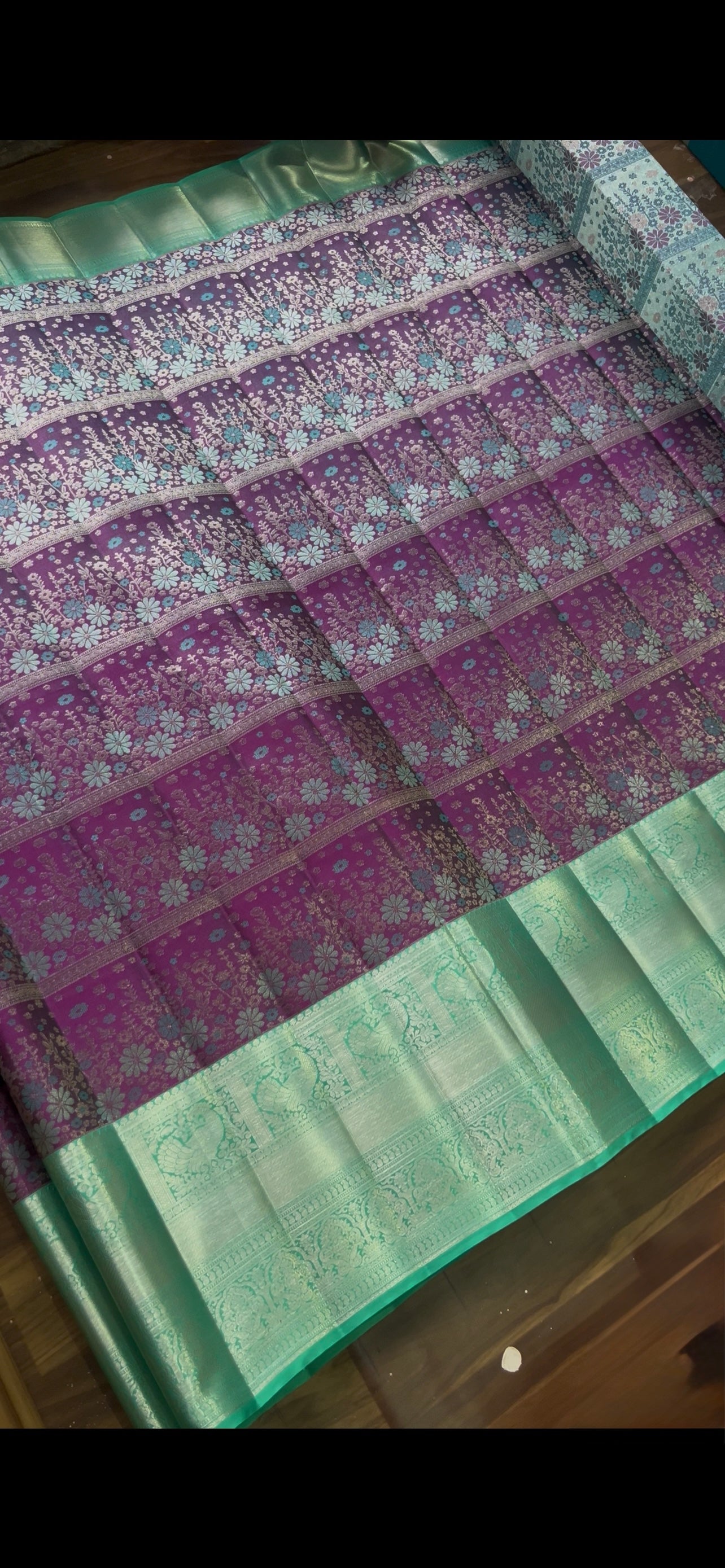 Purple & Magenta Pure Kanchipattu Saree with Meenakari Design and Sea Green Zari Border