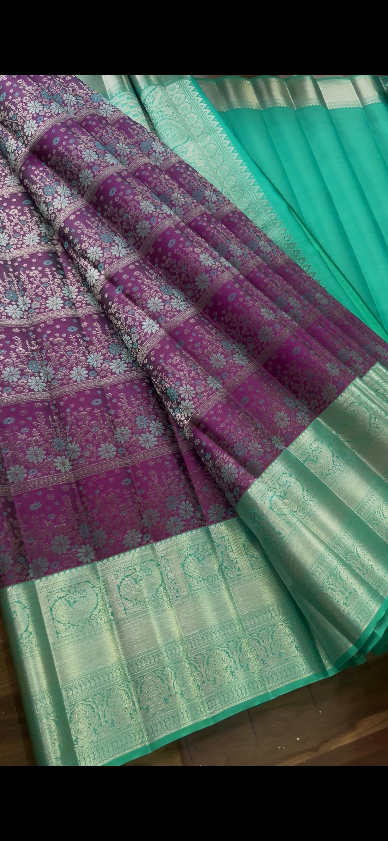 Purple & Magenta Pure Kanchipattu Saree with Meenakari Design and Sea Green Zari Border