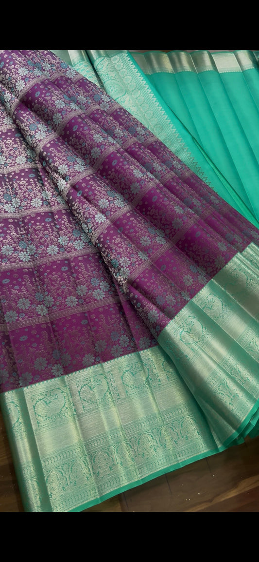 Purple & Magenta Pure Kanchipattu Saree with Meenakari Design and Sea Green Zari Border