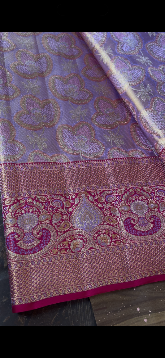 Lavender Pure Kanchipattu Saree with Meenakari Border and 1 Gram Silver Zari