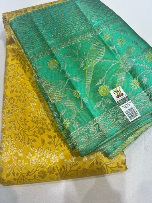 Mustard Yellow Brocade Pure Kanchipattu Saree with Sea Green Meenakari Border and 1 Gram Silver Zari