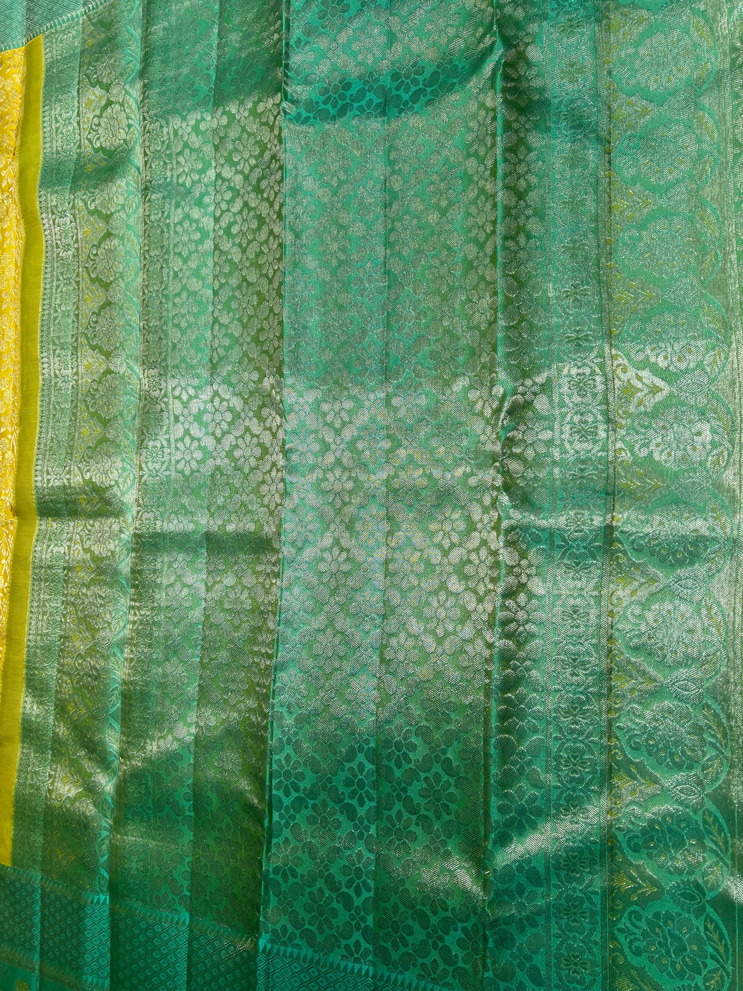 Mustard Yellow Brocade Pure Kanchipattu Saree with Sea Green Meenakari Border and 1 Gram Silver Zari