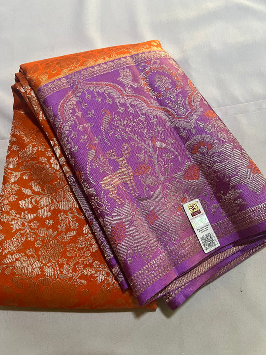 Vibrant Orange Brocade Pure Kanchipattu Saree with Rich Purple Meenakari Border & 1 Gram Silver Zari