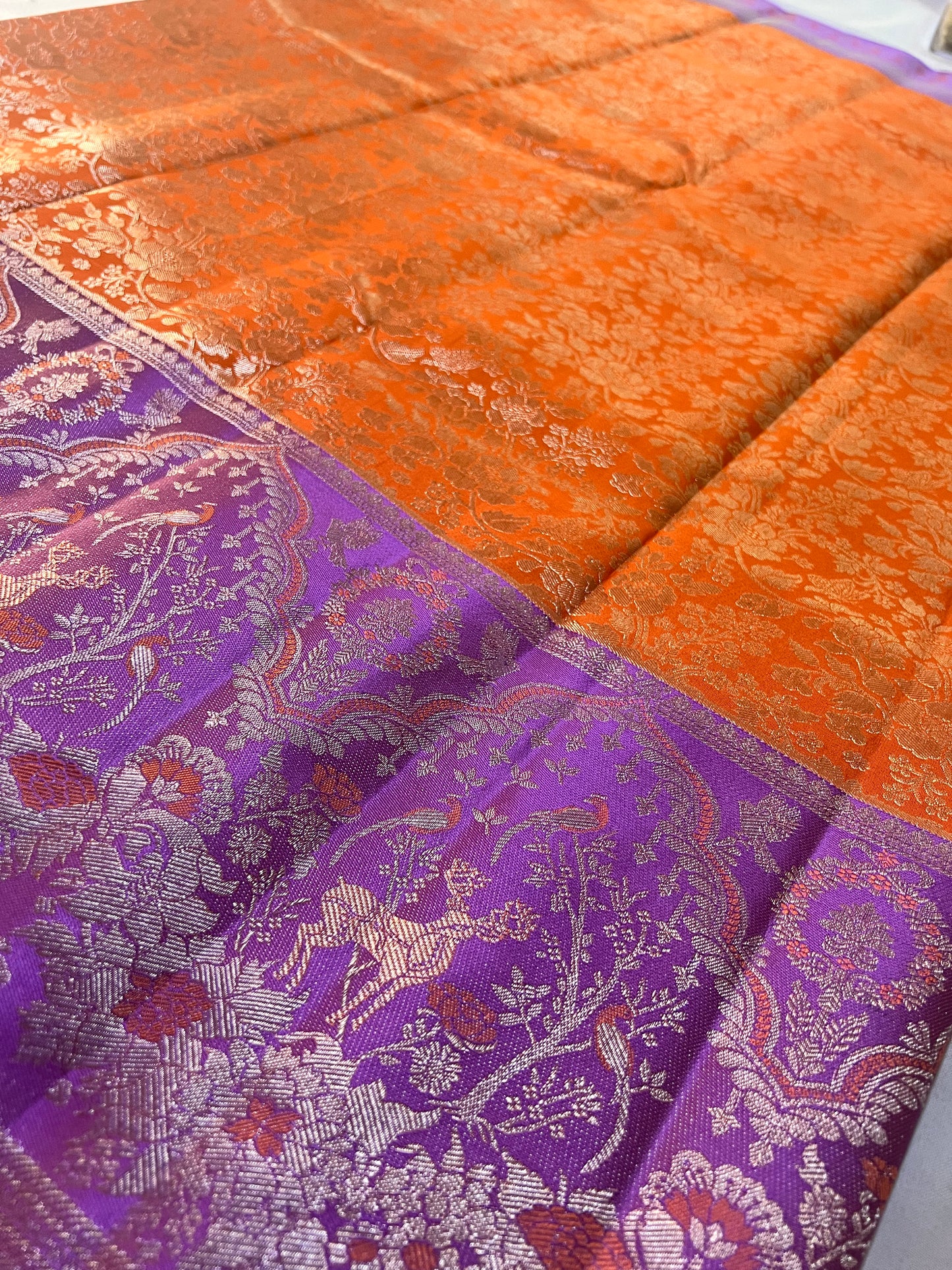 Vibrant Orange Brocade Pure Kanchipattu Saree with Rich Purple Meenakari Border & 1 Gram Silver Zari