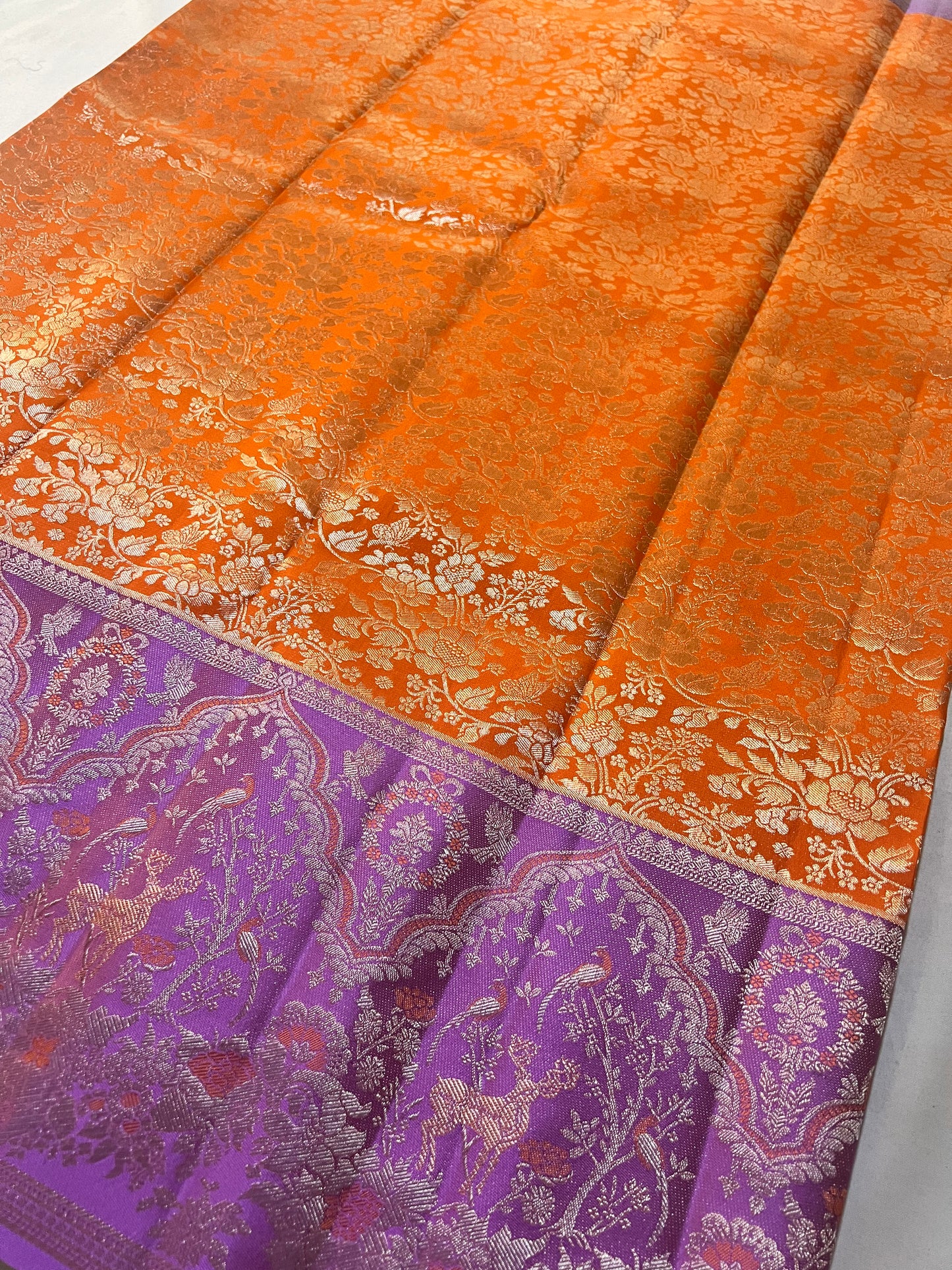 Vibrant Orange Brocade Pure Kanchipattu Saree with Rich Purple Meenakari Border & 1 Gram Silver Zari
