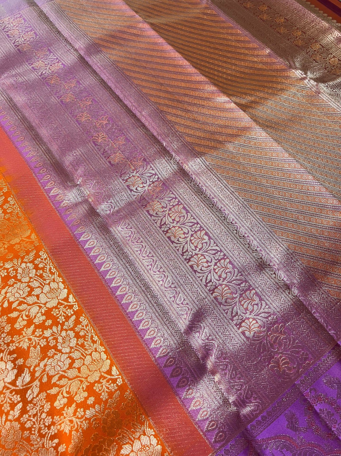 Vibrant Orange Brocade Pure Kanchipattu Saree with Rich Purple Meenakari Border & 1 Gram Silver Zari