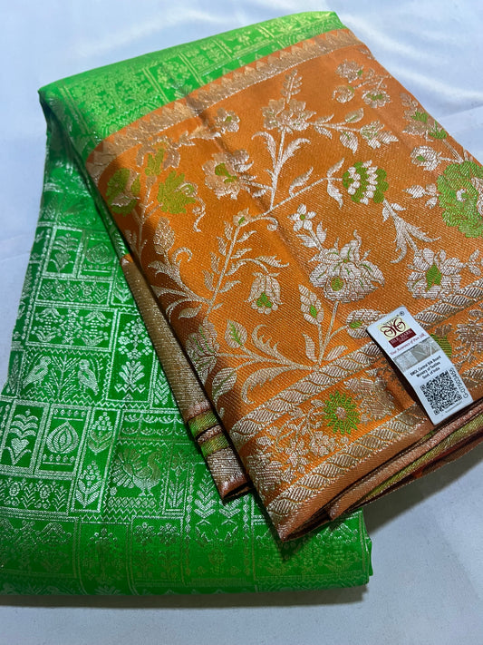 Premium Parrot Green Kanchipattu Saree with Orange Meenakari Border & Silver Zari Detailing