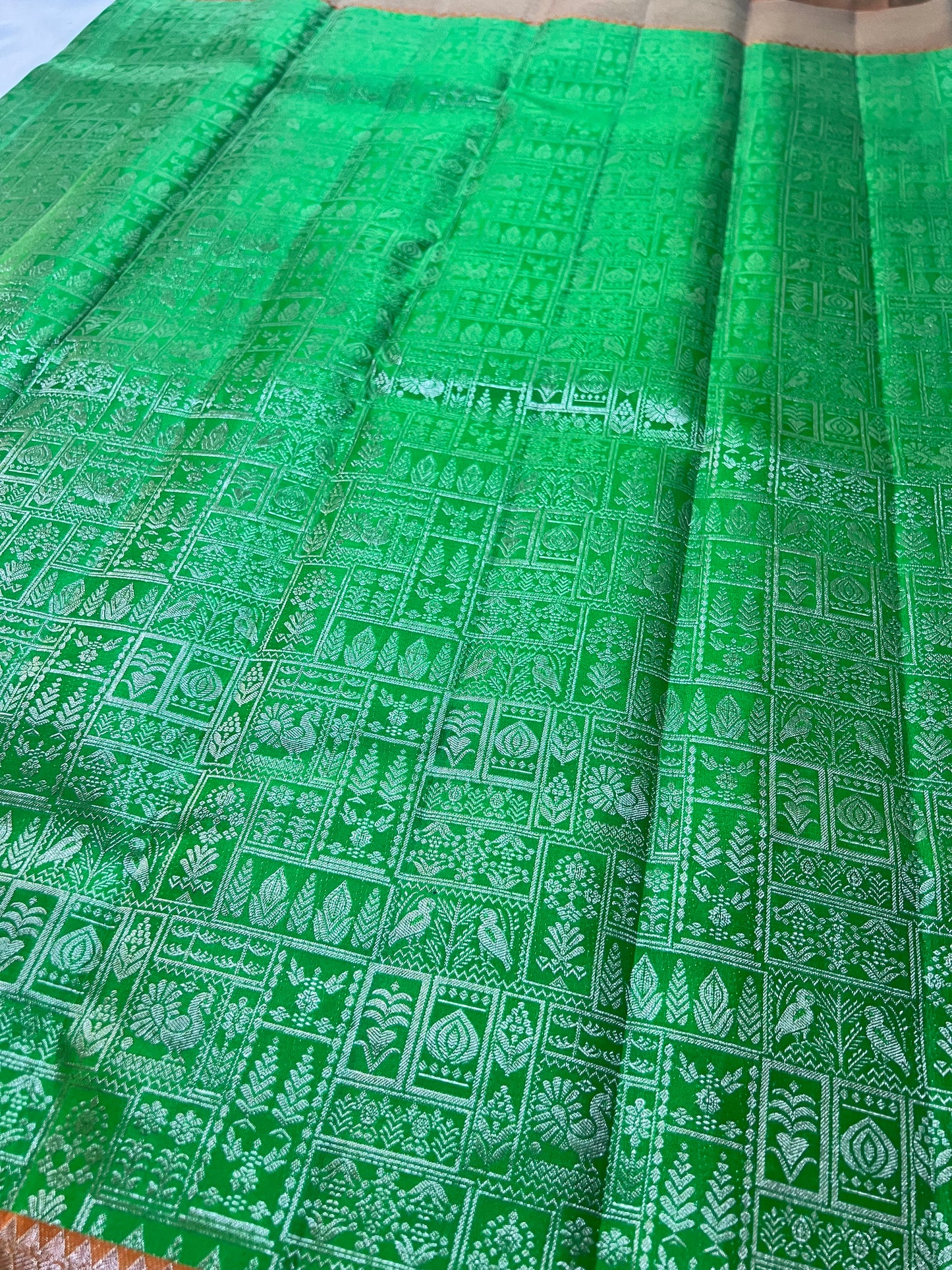 Premium Parrot Green Kanchipattu Saree with Orange Meenakari Border & Silver Zari Detailing
