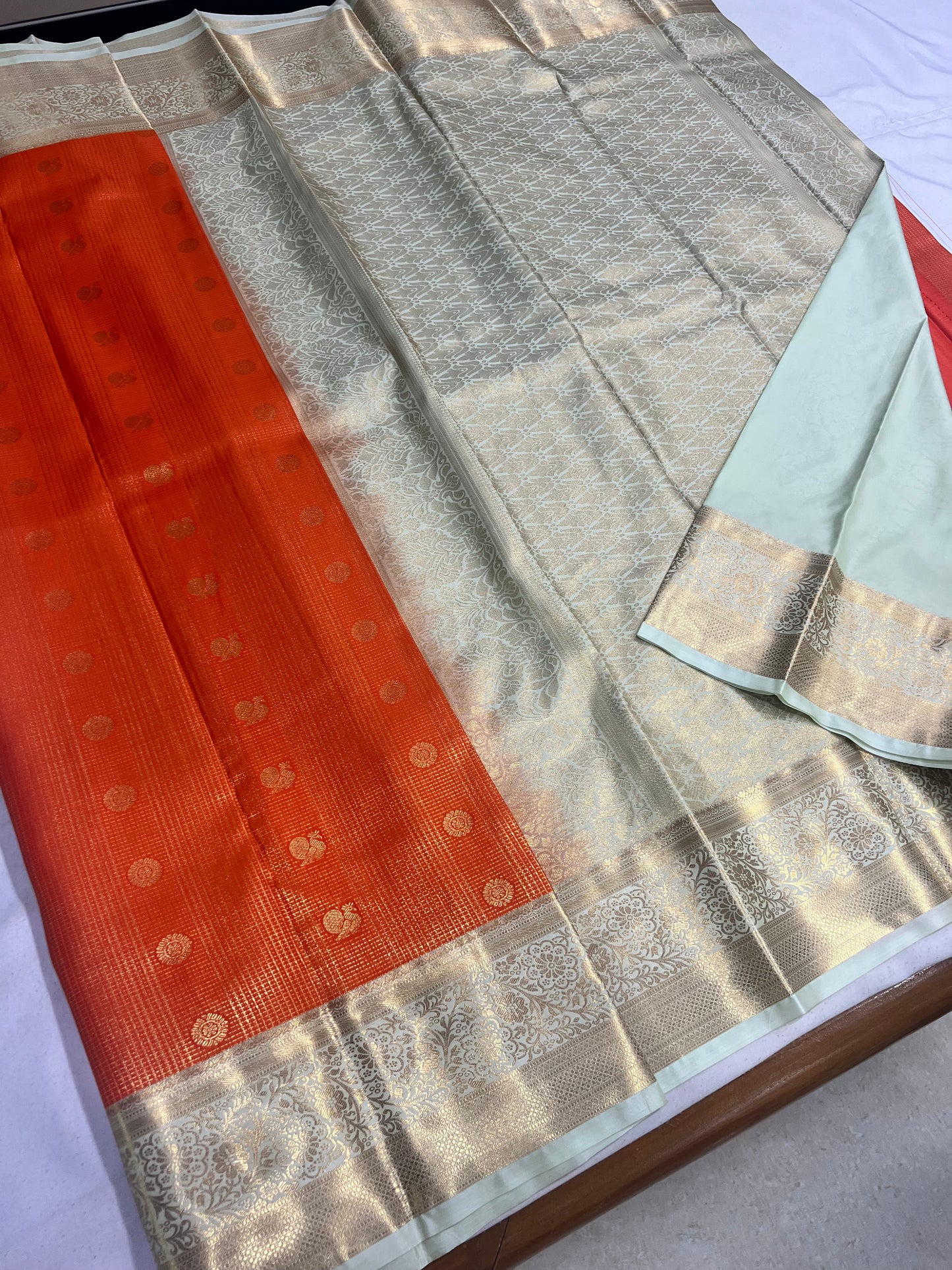 Premium Orange Checks Saree with Light Sea Green Border