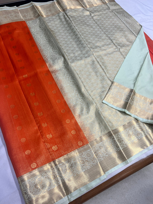 Premium Orange Checks Saree with Light Sea Green Border